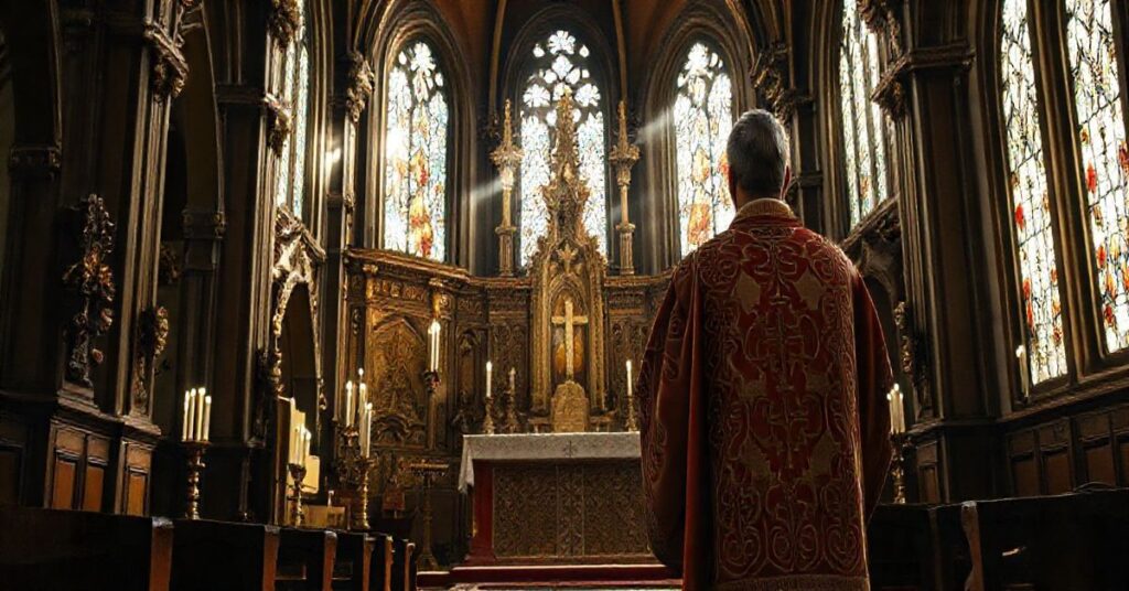Tradycyjny katolicki kapłan podczas liturgii w pięknej, klasycznej świątyni, ukazujący powagę i szacunek do sakramentu, odzwierciedlając katolicką tradycję i moralny porządek.