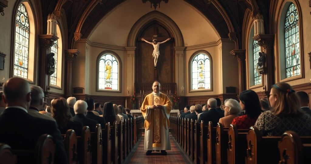 Reverent Catholic priest w liturgii z wiernymi, symbolizujący królewskie panowanie Chrystusa w tradycyjnej świątyni