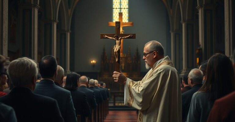 Realistyczne zdjęcie katolickiego kościoła z kapłanem i wiernymi podczas liturgii, ukazujące powagę i sacrum w kontekście życia i śmierci