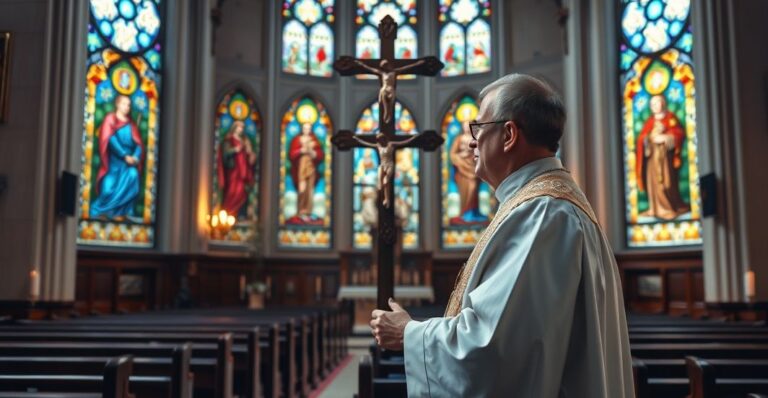 Wnętrze katolickiego kościoła z kapłanem w liturgicznym stroju, skupionym na krucyfikcie, ukazujące prawdziwą katolicką pobożność i liturgię bez nowoczesnych symboli