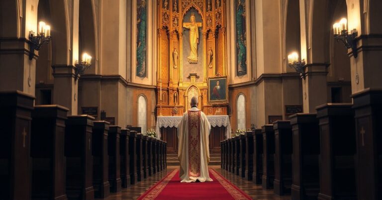 Katolicki duchowy obraz wnętrza kościoła podczas Mszy świętej z kapłanem w liturgicznych szatach, wyrażający pobożność i tradycję