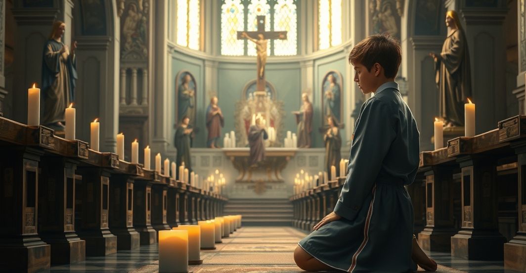 Realistyczny obraz katolickiego męczennika w modlitewnym skupieniu w starej świątyni, ukazujący pobożność i ofiarę w duchu tradycyjnej katolickiej pobożności