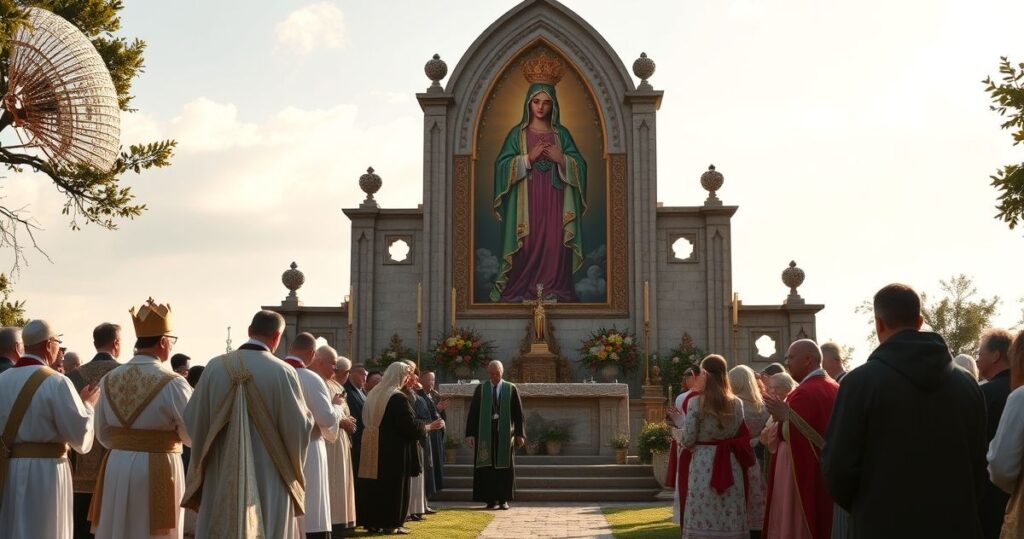 Uczestnicy tradycyjnej katolickiej Mszy na zewnątrz przy obrazie Matki Bożej, z duchowieństwem w stroju liturgicznym, wyrazami skupienia i modlitwy, w otoczeniu wiernych, odzwierciedlając katolicką pobożność i tradycję