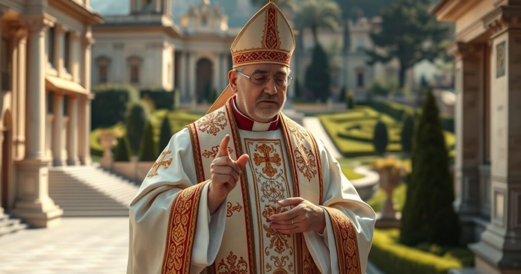Katolicki kapłan odprawiający Mszę św. na tle Castel Gandolfo, ukazujący tradycyjną i sakralną atmosferę, odzwierciedlającą wierną i poważną postawę wobec katolickiej wiary