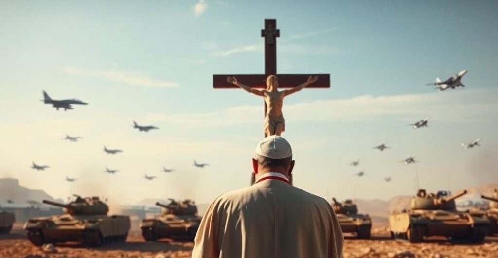 Reverent katolicki ksiądz modlący się przed krzyżem, z tłem wojskowych maszyn, symbolizując duchowe zagubienie w świecie bez Chrystusa