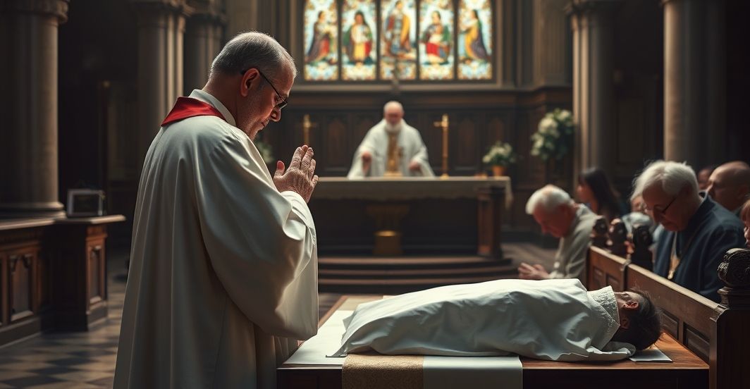 Religijna scena modlitewna w kościele podczas rozważania cierpienia i śmierci Katolicki kapłan modli się w kościele przy ołtarzu z rodziną podczas rozważania cierpienia i śmierci, podkreślając duchową refleksję i sakralność duszy.