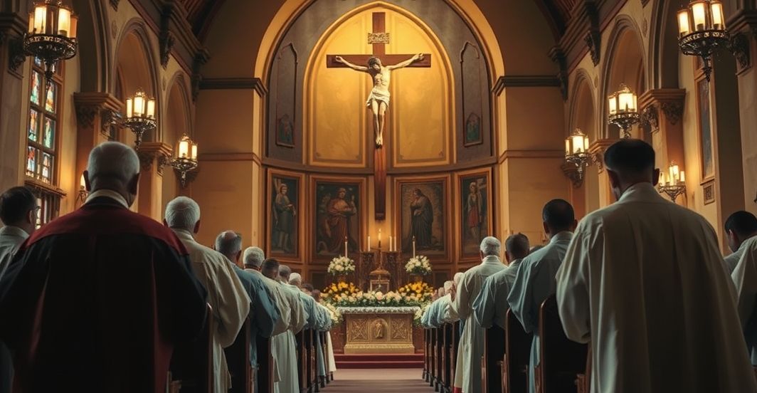 Refleksja katolicka nad tragedią w Kamerunie Sentymentalny obraz katolickiego kapłana w modlitwie w kościele, wyrażający żałobę i refleksję nad tragedią w Kamerunie