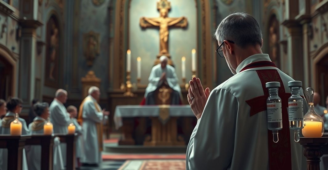 Kapłan modlący się przed ołtarzem w kontekście kryzysu zdrowia publicznego, z symbolami farmaceutycznymi w tle, odzwierciedlający katolicką troskę o moralne aspekty medycyny