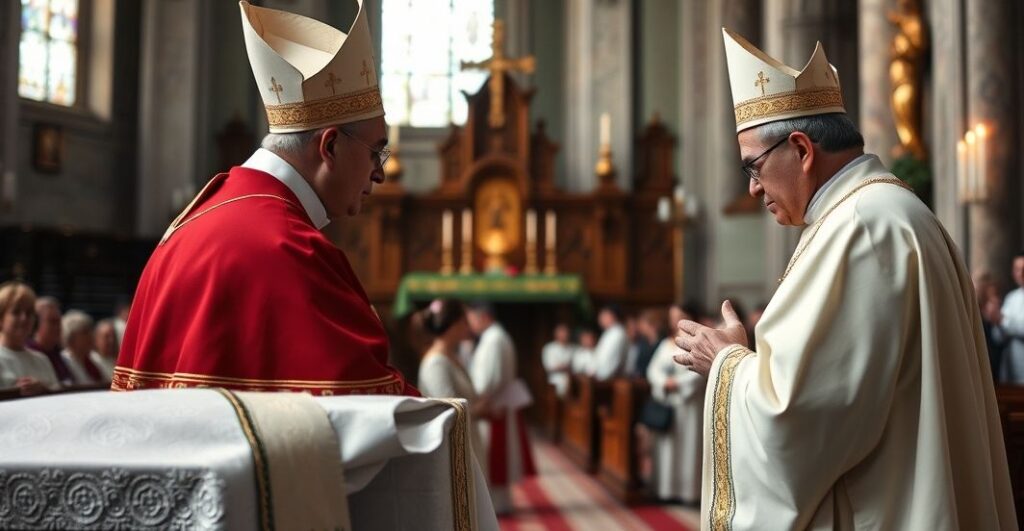 Kardynał lub ksiądz modlący się w kościele, ukazujący duchową potrzebę powrotu do Królestwa Chrystusa w obliczu politycznej obojętności