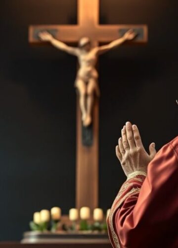 Duchowa krytyka NATO i sekularyzmu w katolickim ujęciu Kapłan katolicki modlący się przed krucyfiksem z tłem technologicznym i symbolami NATO, ukazujący duchowe zagrożenie elitaryzmu i sekularnej wojny