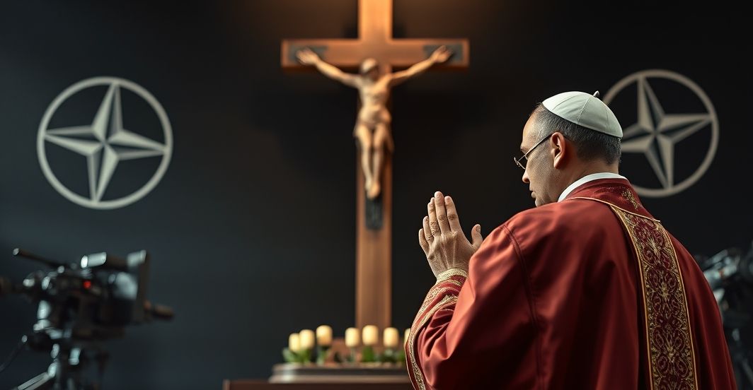 Kapłan katolicki modlący się przed krucyfiksem z tłem technologicznym i symbolami NATO, ukazujący duchowe zagrożenie elitaryzmu i sekularnej wojny