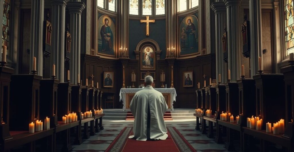 Religijna scena w kościele katolickim z kapłanem modlącym się przy ołtarzu, symbolizująca duchową walkę i wierność Chrystusowi w czasach kryzysu