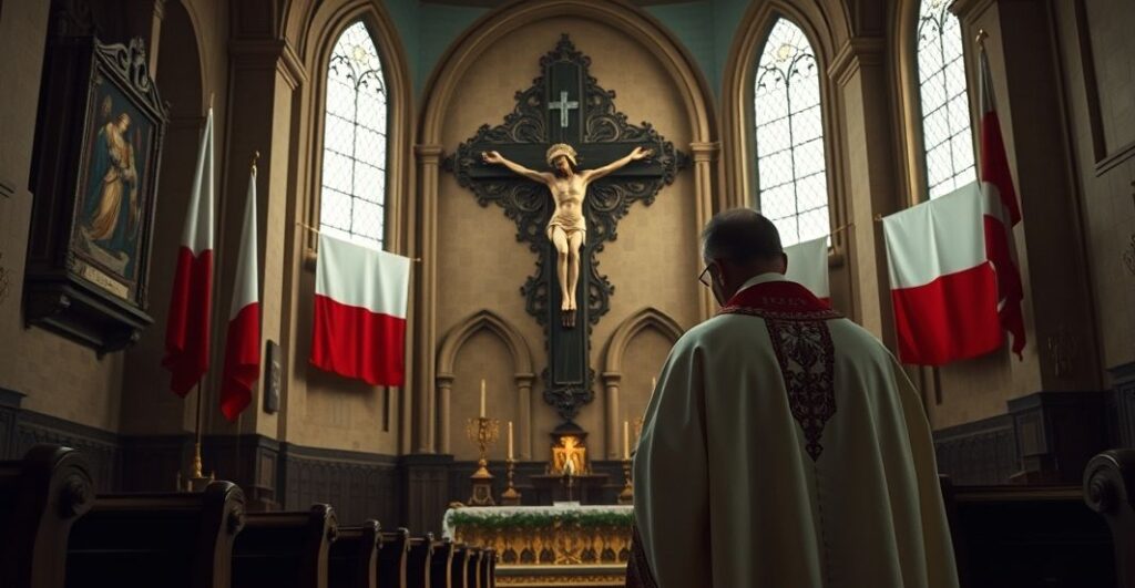 Reverent Catholic priest modli się przed krucyfiksem w kościele, symbolizując duchową refleksję nad kryzysem i brakiem uznania Chrystusa przez władze