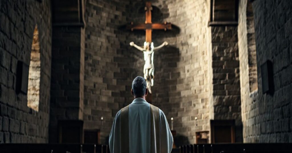 Fotografia realistyczna kapłana katolickiego w liturgicznych szatach przed krucyfiksem w tradycyjnej świątyni, ukazująca głęboką pokorę i duchową powagę.