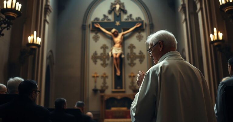 Rekolekcjonista modlący się przed krucyfiksem w tradycyjnym kościele, symbolicznie ukazujący duchową opiekę i nadzieję w trudnych czasach.