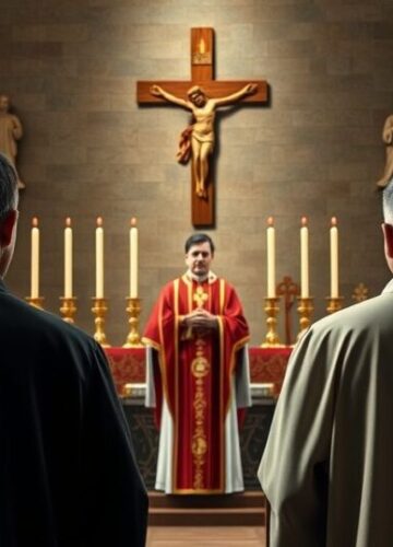 Rewerentny obraz katolicki w kontekście kryzysu moralnego i politycznego Reverent priest w modlitewnym skupieniu w tradycyjnej kaplicy, symbolizujący duchową powagę i moralną klarowność Kościoła