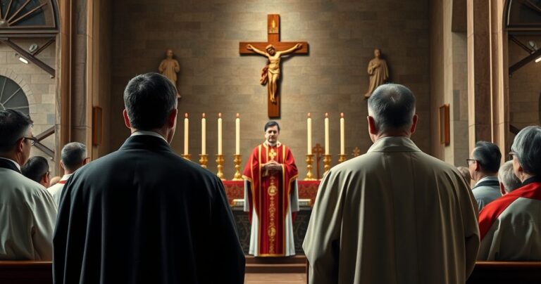 Reverent priest w modlitewnym skupieniu w tradycyjnej kaplicy, symbolizujący duchową powagę i moralną klarowność Kościoła