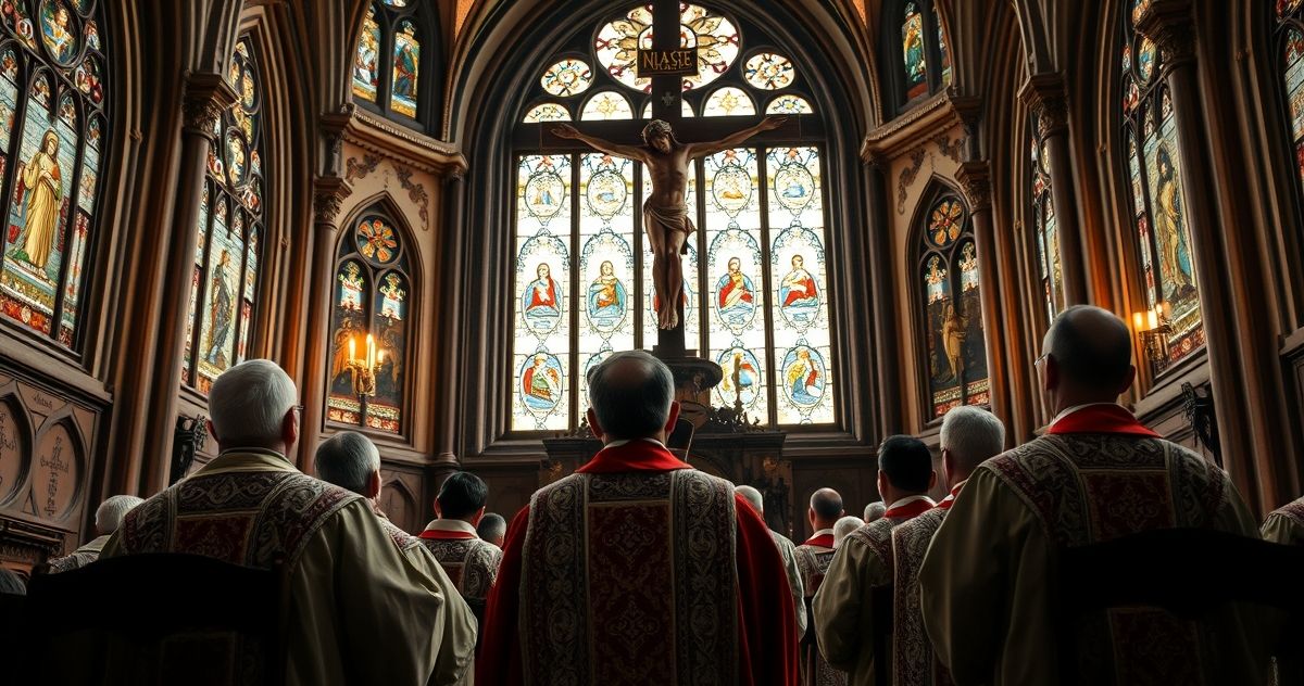 Katoliccy duchowni modlą się w obronie prawdziwej wiary przeciw prześladowaniom Fotografia realistyczna przedstawiająca katolickich duchownych modlących się w kościele, symbolizujących prześladowanych chrześcijan na świecie, ukazując powagę i duchową walkę w obronie prawdziwej wiary katolickiej.