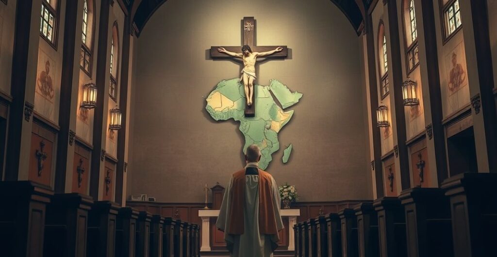 Reverent Catholic priest wpatrujący się w mapę Sudanu w kościele, symbolizujący duchową troskę o dusze ofiar i brak głosu hierarchii wobec tragedii