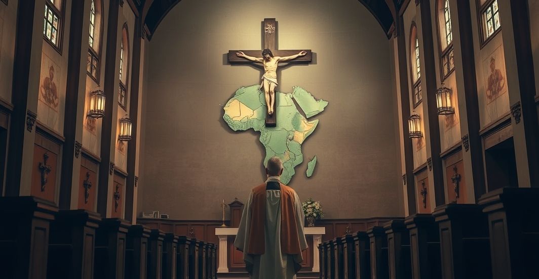 Catholic priest praying during humanitarian crisis in Sudan Duchown katolicki modlący się przed ołtarzem w kontekście katastrofy humanitarnej w Sudanie, podkreślający duchową refleksję i potrzebę nawrócenia.