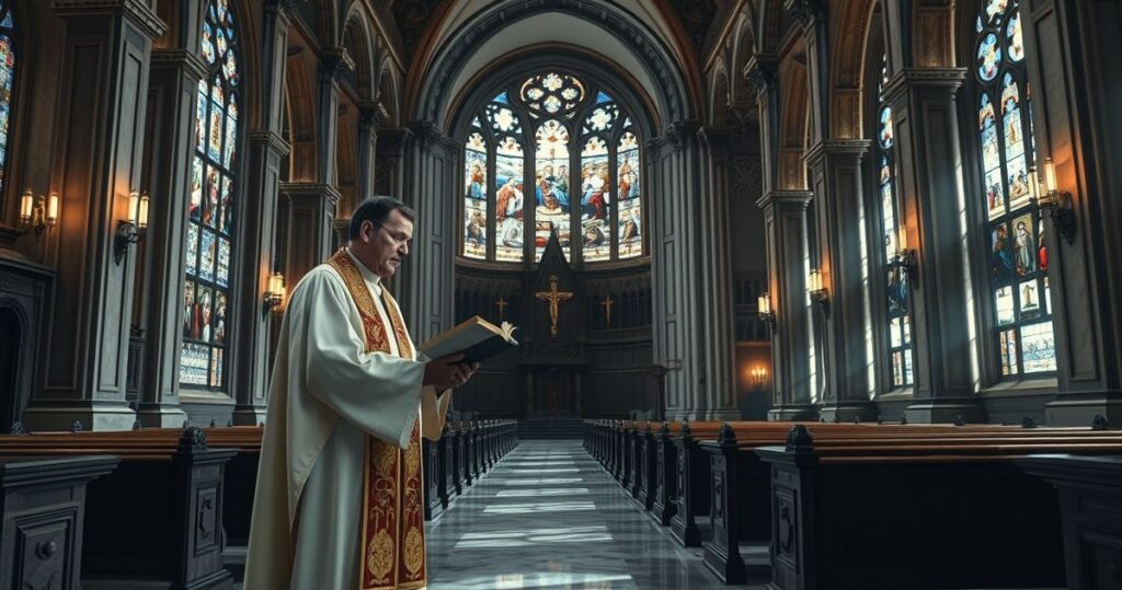 Kościół katolicki w modlitewnej scenerii, duchowa refleksja nad upadkiem społeczeństwa z naciskiem na naukę Kościoła