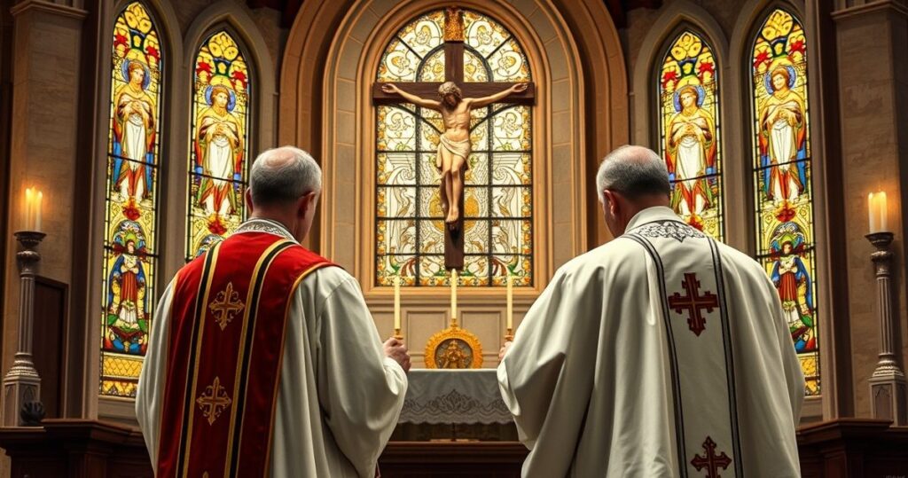 Catholic ksiądz modlący się przed krucyfiksem w tradycyjnym kościele, symbolizujący krytykę modernistycznych tendencji w teologii