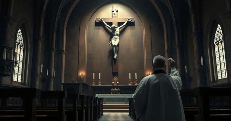 Szczególne ujęcie katolickie ukazujące kapłana modlącego się w świątyni, symbolizujące moralną prawdę i sprawiedliwość Bożą w obliczu korupcji i zła.