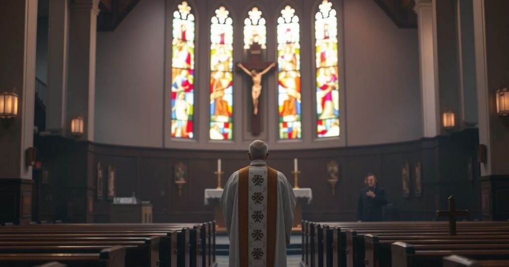 Szczegółowe zdjęcie kościoła katolickiego z kapłanem modlącym się przy ołtarzu, odzwierciedlające duchową refleksję nad moralnym upadkiem Zachodu i potrzebą Bożej pomocy