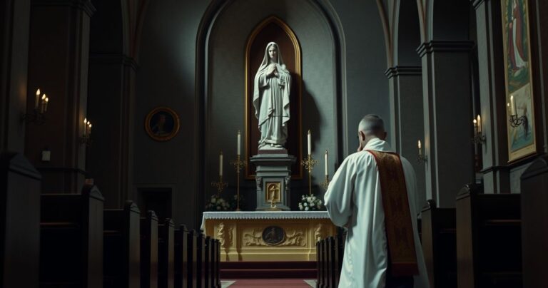 Reverent Catholic interior with priest in prayer, symbolizing the sanctity of life and moral reflection on IVF