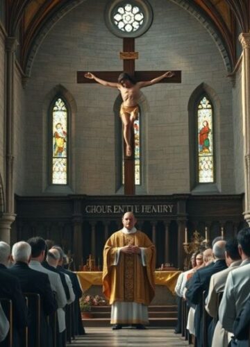 Kościół i moralność w obliczu politycznej zdrady - obraz krytyczny Obraz realistycznego wnętrza kościoła katolickiego z kapłanem i wiernymi wyrażającymi troskę, symbolizujący krytykę decyzji politycznych sprzecznych z moralnością katolicką