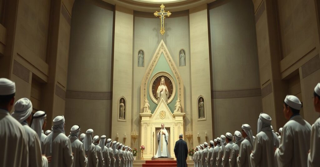 Kościoł pod wezwaniem "Naszej Pańi z Arabii" w Kuwejcie podczas ceremonii nadania mu tytułu bazyliki mniejszej przez kardynała Parolina w obecności muzułmańskich i katolickich godności. Scena ukazuje fałszywy ekumenizm i rezygnację z ewangelizacji.