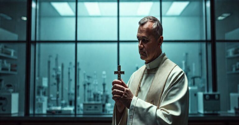 Catholic ksiądz modlitwa przed laboratorium, symbol konfliktu nauki i wiary, refleksja nad eksperymentami genetycznymi i odrzuceniem Bożego prawa