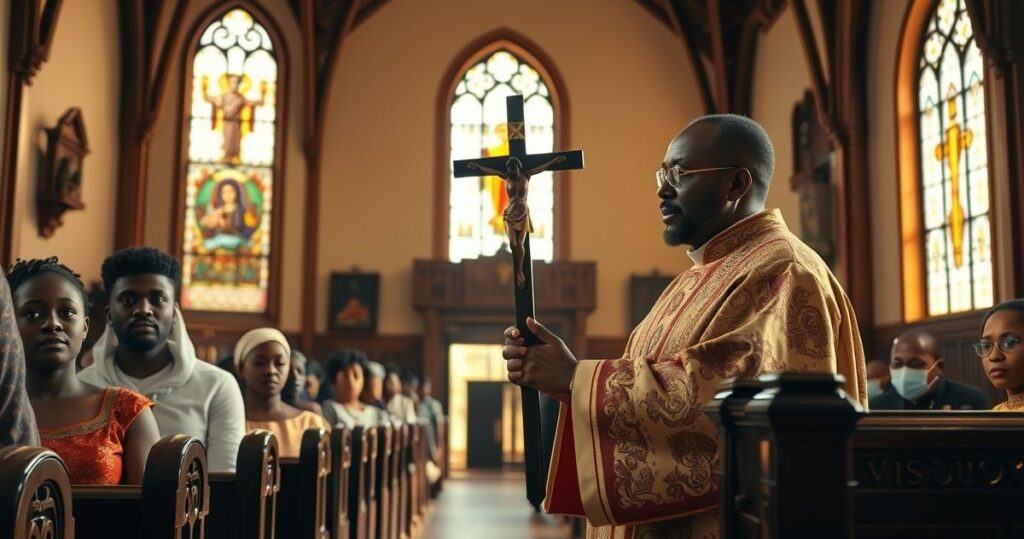 Fotografia realistyczna wnętrza kościoła katolickiego z kapłanem i wiernymi, symbolizująca cierpienie i męczeństwo wiernych w Nigerii