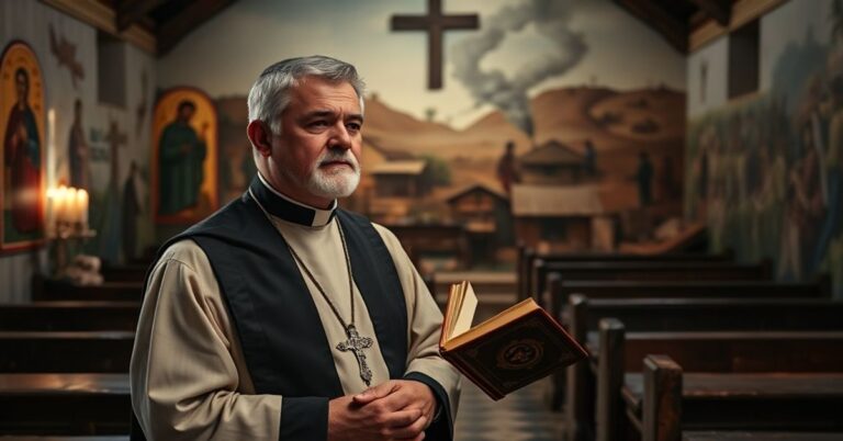 Katedra katolicka w Nikaragui z kapłanem w tradycyjnych szatach modlącym się w czasie represji.