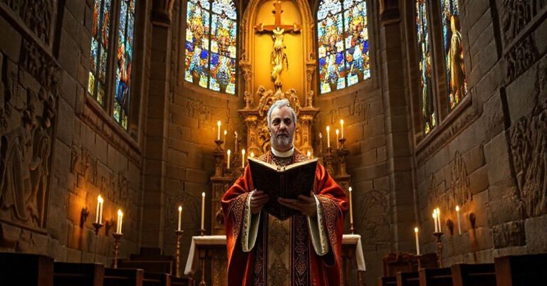 Religijnie poważny obraz katolicki w świątyni, kapłan w liturgicznym ornacie, kontekst walki o moralność i czystość dzieci przeciw propagandzie LGBT