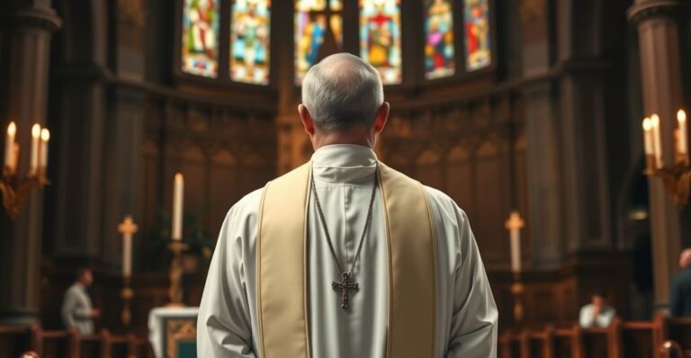 Kapłan katolicki w sutannie w kościele, symbolizujący obronę prawdziwej wiary wobec nowoczesnych zagrożeń