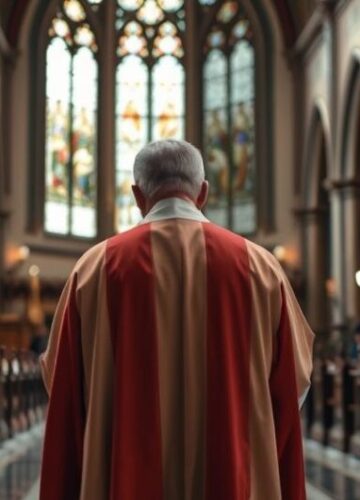 Kulturowa i duchowa obrona Kościoła katolickiego przed zdradą Realistyczny obraz katolickiego księdza w świątyni, symbolizujący powagę i wiarę wobec zagrożeń dla misji Kościoła