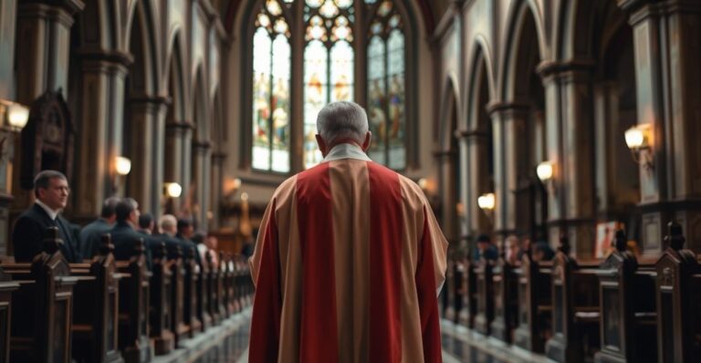 Realistyczny obraz katolickiego księdza w świątyni, symbolizujący powagę i wiarę wobec zagrożeń dla misji Kościoła