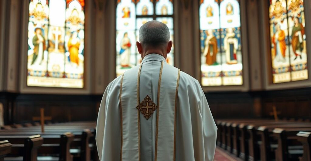 Ksiądz katolicki w sutannie w kościele, symbolizujący opór wobec aborcji i modernistycznych ataków na Chrystusa