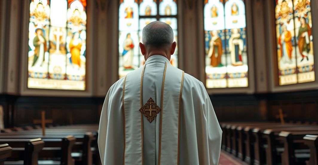 Tradycyjny ksiądz w kościele przeciwko aborcji i herezjom modernistycznym Ksiądz katolicki w sutannie w kościele, symbolizujący opór wobec aborcji i modernistycznych ataków na Chrystusa