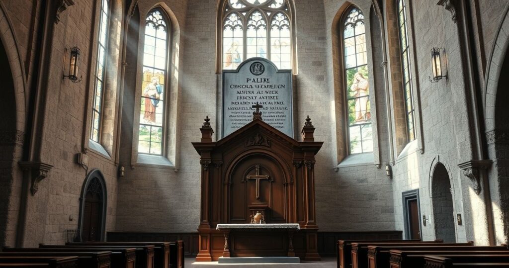 Realistyczny obraz katolickiego wnętrza kościoła z tablicą pamiątkową, symbolizujący walkę o tradycję i kontrowersję usunięcia symboli religijnych na Białorusi