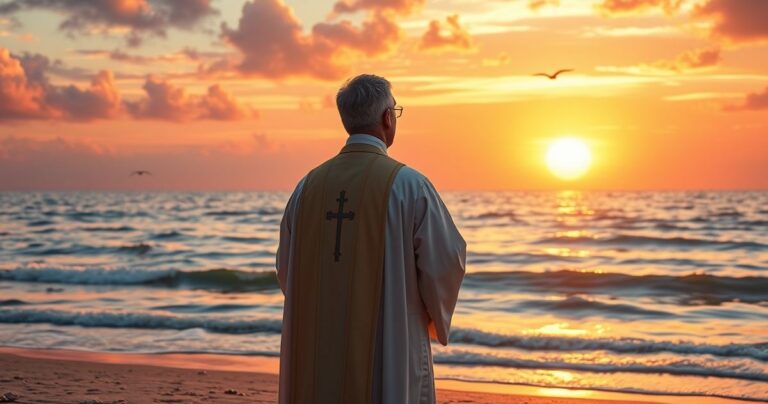 Rekwizyt religijny na plaży, ksiądz w tradycyjnej sutannie, modlący się przy zachodzie słońca, symbol nadziei i wiary w kontekście katolickim