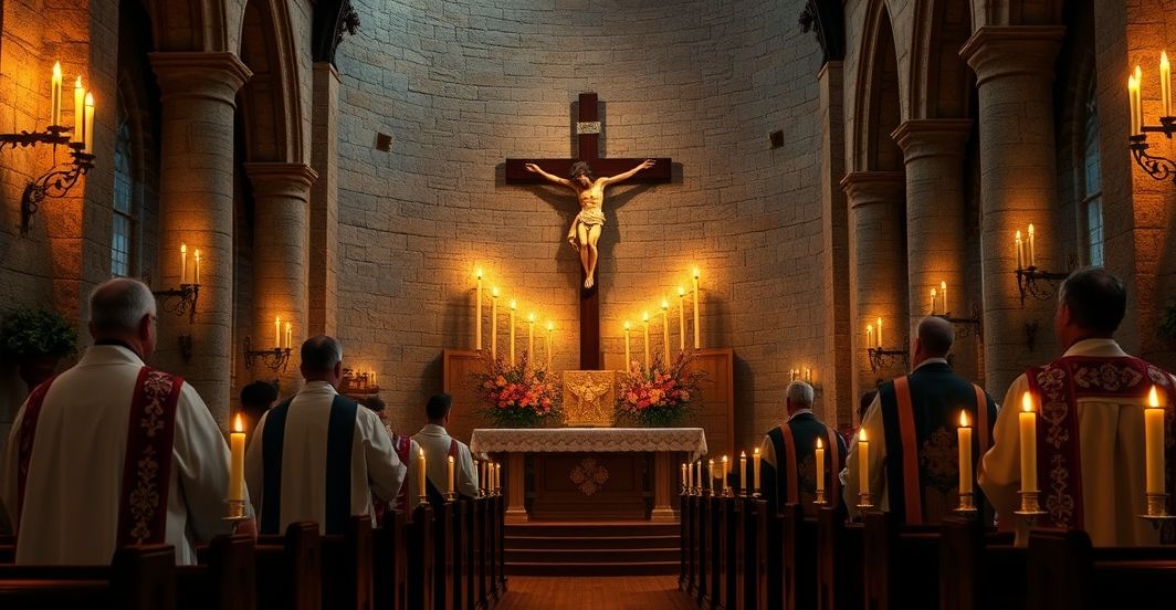 Reverentne ujęcie tradycyjnego wnętrza kościoła katolickiego z kapłanami, krzyżem i świecami, symbolizujące duchową potrzebę prawdziwego pokoju pod panowaniem Chrystusa