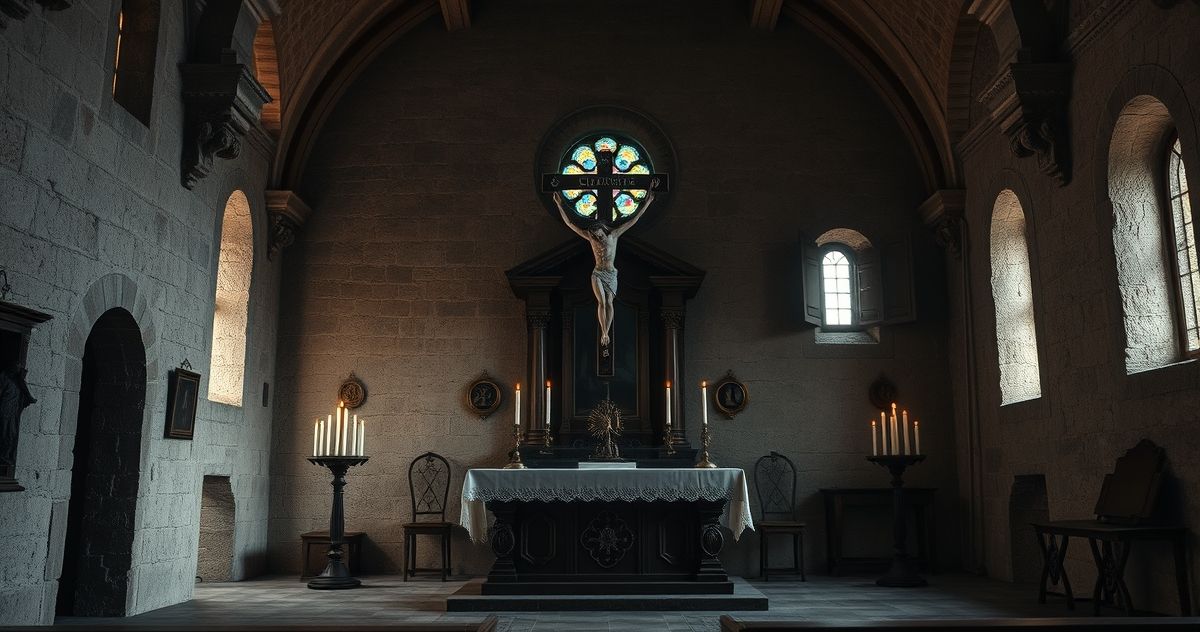 Fotografia realistyczna katolickiej kaplicy na południu Włoch, ukazująca atmosferę modlitwy i duchowej pobożności