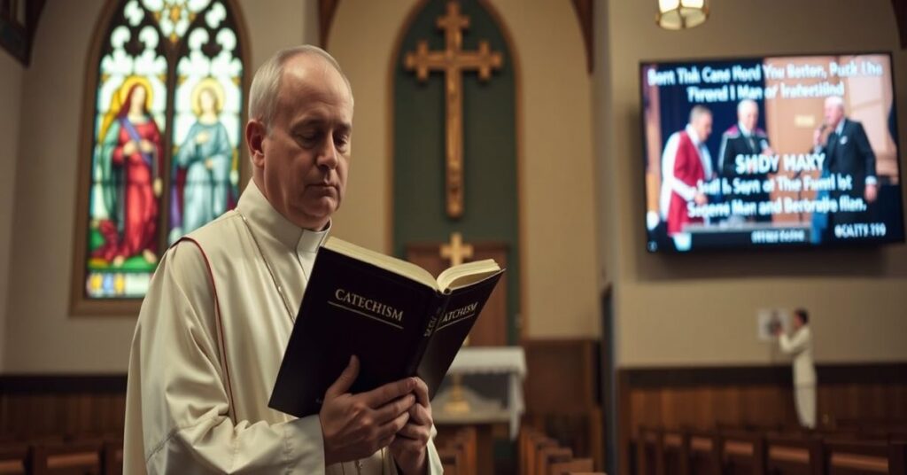 Tradycyjny wnętrze kościoła z ołtarzem i księdzem trzymającym Katechizm w tle pokazujący ekran z kontrowersyjnym musicalem pary homoseksualnej