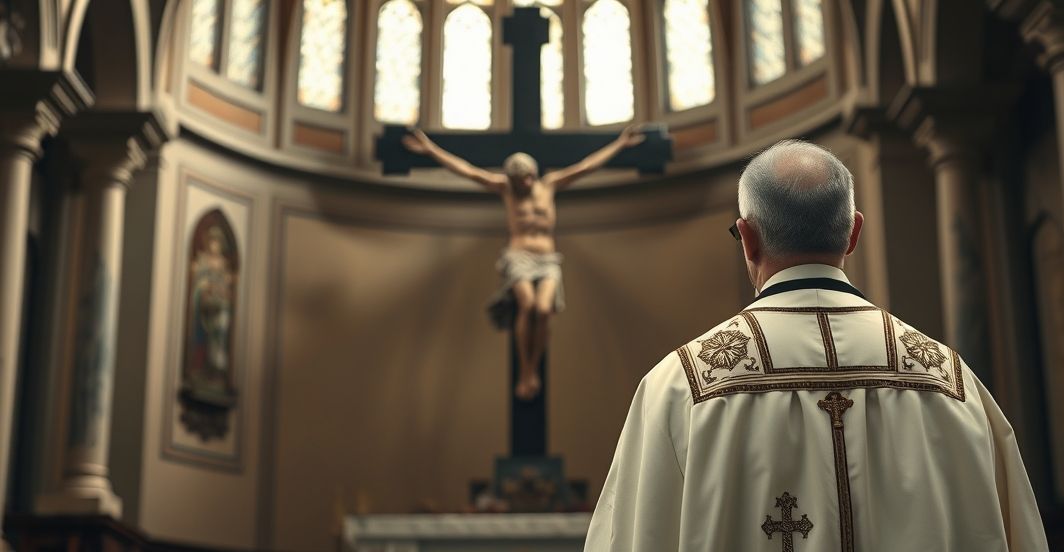 Szczególnie poważny kapłan w tradycyjnych szatach stojący przed krucyfiksem w wnętrzu kościoła, symbolizujący moralny obowiązek wobec Boga i odrzucenie świeckiej zdrady Chrystusa