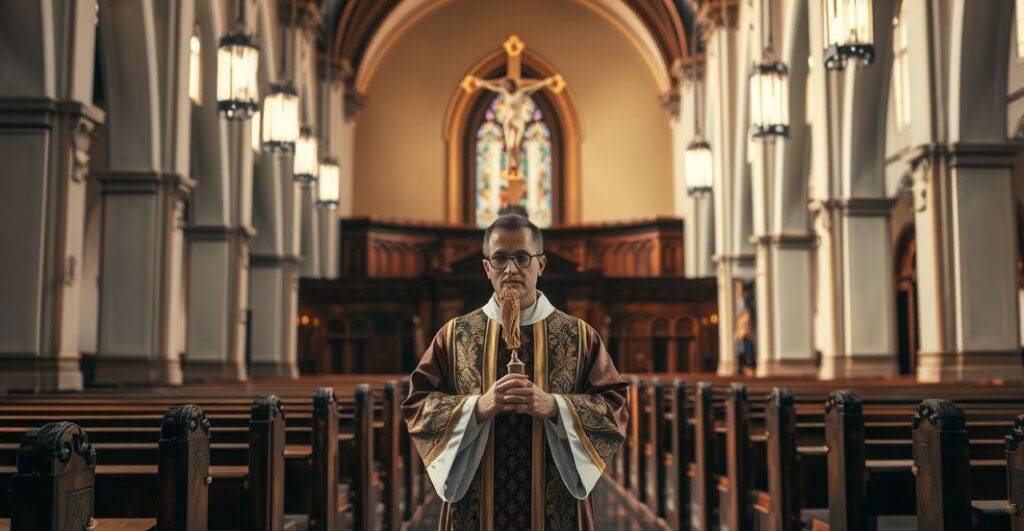 Reverent Catholic priest w modlitwie w wnętrzu kościoła, symbol duchowej czujności i obrony wiary wobec zagrożeń
