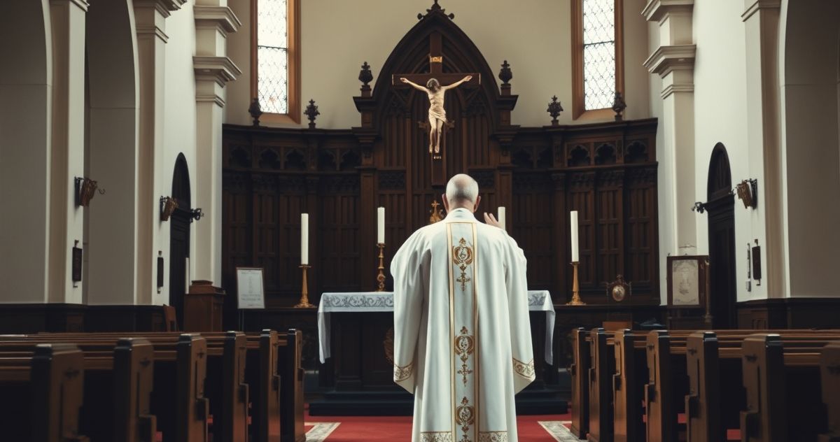 Reverent Catholic priest in church interior, symbolizing spiritual awakening and moral reflection on abortion controversy