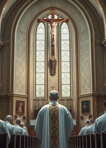 Catholic Prayer Scene with Crucifix in Church Religijny obraz kapłana modlącego się przed krucyfiksem w świątyni, symbolicznie ukazujący centralną rolę wiary w prawdziwym ładzie społecznym.