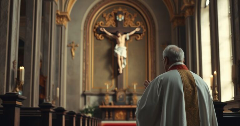 Religijny obraz kapłana modlącego się przed krucyfiksem w świątyni, symbolicznie ukazujący centralną rolę wiary w prawdziwym ładzie społecznym.